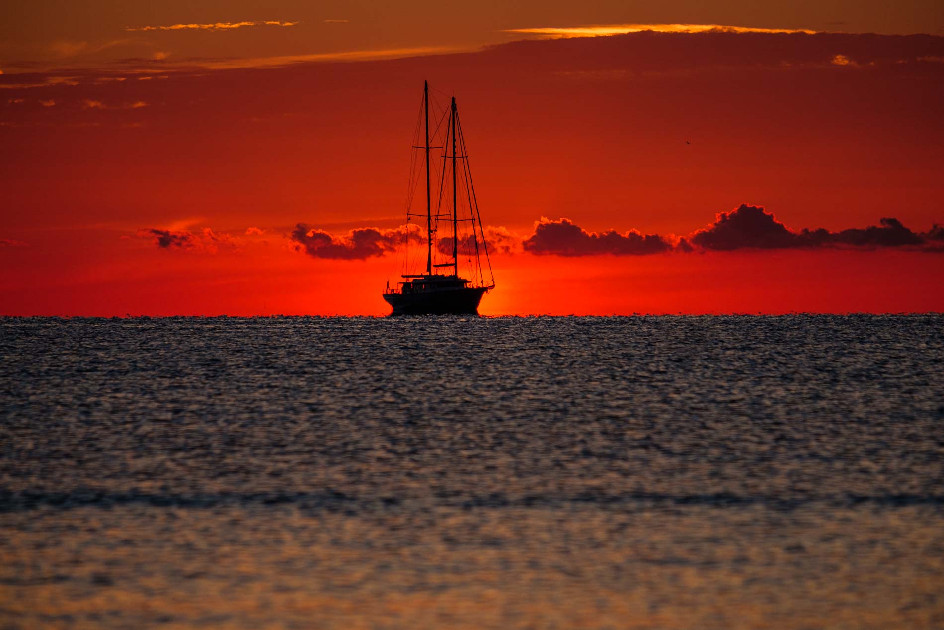 Frühmorgens, mit den ersten Sonnenstrahlen, verlassen Segelboote den Hafen von Alcudia. Early in the morning, with the first rays of sunshine, sailing boats leave the harbour of Alcudia.
